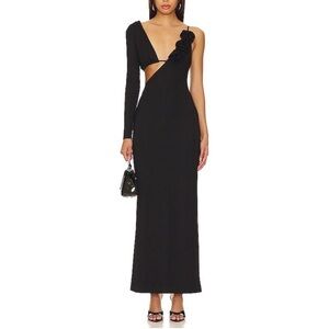 Camila Coelho Black One-Shoulder Maxi Dress with Rosette Detail